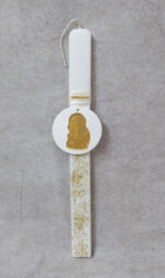 Χειροποίητη πασχαλινή λαμπάδα διακοσμημένη με  αλυσίδα στρας, γκλιτερ και κεραμικό χωνευτό με την Παναγία και τον Χριστό από χρυσό καθρέφτη plexiglass.