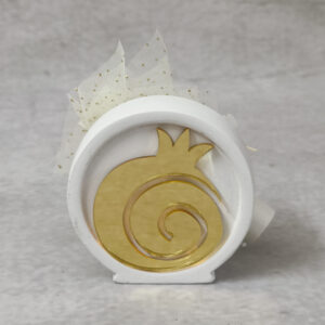 Προσκλητήριο – μπομπονιέρα γάμου κεραμικό διακοσμητικό με ρόδι από χρυσό καθρέφτη plexiglass.