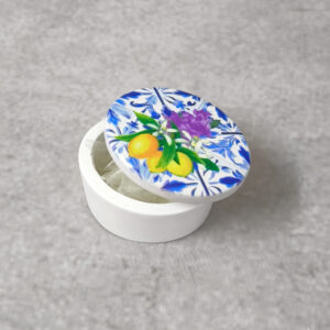 Μπομπονιέρα βάπτισης εκτυπωμένη κεραμική μπιζουτιέρα με θέμα λεμόνια.