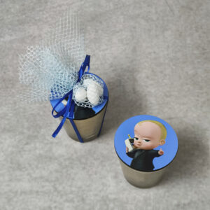 Μπομπονιέρα βάπτισης κερί με ξύλινο εκτυπωμένο καπάκι Baby Boss.