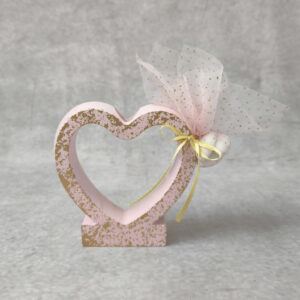 Μπομπονιέρα γάμου - βάπτισης κεραμική καρδιά κηροπήγιο σε ροζ και χρυσή απόχρωση.