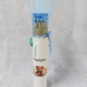 Μπομπονιέρα βάπτισης ξυλομπογιά με θέμα αρκουδάκι με πάμπας.