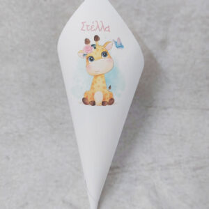 Χωνάκι βάπτισης με θέμα καμηλοπάρδαλη και ζελατίνη με Marshmallows και πολύχρωμα smarties.