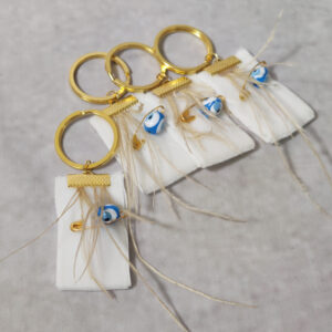 Μαρτυρικά βάπτισης μπρελόκ με  λευκή βελούδινη κορδέλα, σοκολά πούπουλα και παραμάνα με γαλάζιο ματάκι χάντρα.