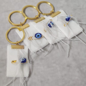 Μαρτυρικά βάπτισης μπρελόκ με  λευκή βελούδινη κορδέλα, πούπουλα και παραμάνα με μπλέ ματάκι χάντρα.