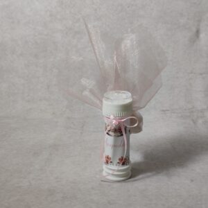 Μπομπονιέρα βάπτισης σαπουνόφουσκα με θέμα πριγκίπισσα δεμένη με ροζ οργάντζα.
