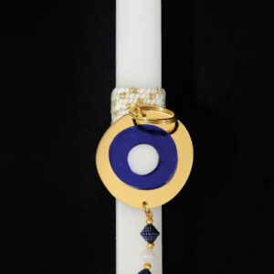 Χειροποίητη πασχαλινή λαμπάδα διακοσμημένη με σχοινί και μπρελόκ μάτι από plexiglass με χάντρες, φούντα και κωνσταντινάτο.