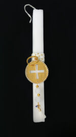 Χειροποίητη πασχαλινή λαμπάδα διακοσμημένη με σχοινί και μπρελόκ κωνσταντινάτο από plexiglass με στρας, χάντρες, φούντα και ματάκι.