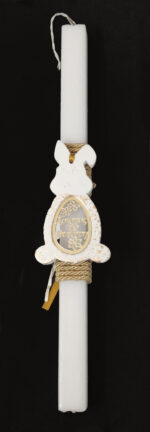 Χειροποίητη πασχαλινή λαμπάδα διακοσμημένη με κεραμικό λαγουδάκι, χρυσό σχοινί και κορδέλες