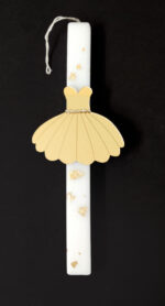 Χειροποίητη πασχαλινή λαμπάδα διακοσμημένη φόρεμα από χρυσό καθρέφτη πλέξι γκλας, στρας και φύλλα χρυσού.