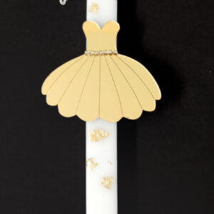 Χειροποίητη πασχαλινή λαμπάδα διακοσμημένη φόρεμα από χρυσό καθρέφτη πλέξι γκλας, στρας και φύλλα χρυσού.