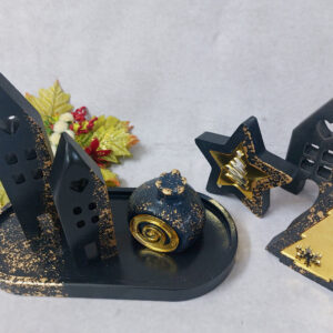 Χριστουγεννιάτικη σύνθεση με κεραμικά σπιτάκια, δέντρο, ρόδι και αστέρι, με χρυσό plexiglass