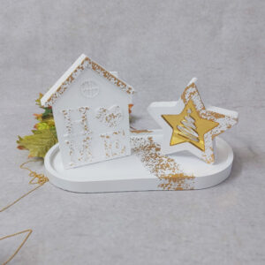 Χριστουγεννιάτικη σύνθεση με κεραμικό αστέρι με χρυσό plexiglass και σπιτάκι