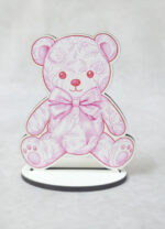 Ξύλινη Μπομπονιέρα με Βάση – Αρκουδάκι σε Ροζ Στυλ Toile de Jouy