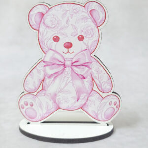 Ξύλινη Μπομπονιέρα με Βάση – Αρκουδάκι σε Ροζ Στυλ Toile de Jouy