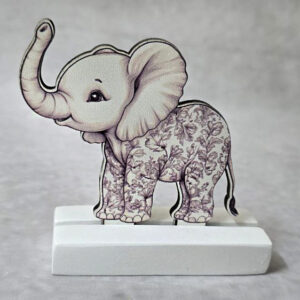 Μπομπονιέρα με Κεραμική βάση κιτ-κατ, με ξύλινο εκτυπωμένο ελεφαντάκι καφέ, Toile de Jouy ύφος