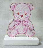 Μπομπονιέρα με Κεραμική βάση κιτ-κατ, με ξύλινο εκτυπωμένο αρκουδάκι, ροζ, Toile de Jouy ύφος