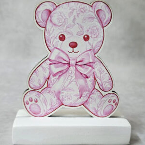 Μπομπονιέρα με Κεραμική βάση κιτ-κατ, με ξύλινο εκτυπωμένο αρκουδάκι, ροζ, Toile de Jouy ύφος