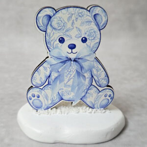 Μπομπονιέρα βραχάκι, με ξύλινο εκτυπωμένο αρκουδάκι μπλε, Toile de Jouy ύφος