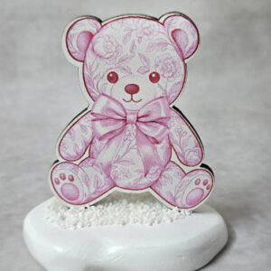 Μπομπονιέρα βραχάκι, με ξύλινο εκτυπωμένο αρκουδάκι ροζ, Toile de Jouy ύφος