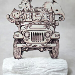 Μπομπονιέρα με Κεραμικό κορμό, με ξύλινο εκτυπωμένο jeep σαφάρι, καφέ, Toile de Jouy ύφος