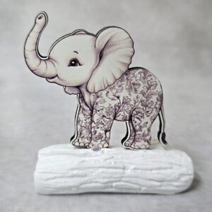 Μπομπονιέρα με Κεραμικό κορμό, με ξύλινο εκτυπωμένο ελεφαντάκι καφέ, Toile de Jouy ύφος