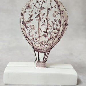 Μπομπονιέρα με Κεραμική βάση κιτ-κατ, με ξύλινο εκτυπωμένο αερόστατο, καφέ, Toile de Jouy ύφος