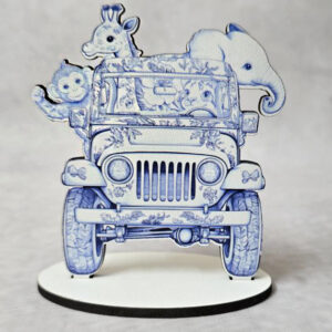 Ξύλινη Μπομπονιέρα με Βάση – Jeep Safari σε Μπλε Στυλ Toile de Jouy