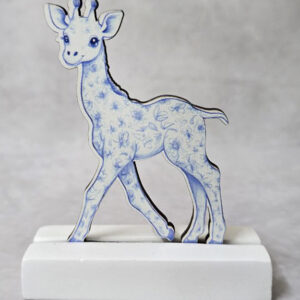 Μπομπονιέρα με Κεραμική βάση κιτ-κατ, με ξύλινο εκτυπωμένο καμηλοπάρδαλη cute, μπλε, Toile de Jouy ύφος