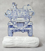 Μπομπονιέρα με Κεραμικό κορμό, με ξύλινο εκτυπωμένο jeep σαφάρι, μπλε, Toile de Jouy ύφος