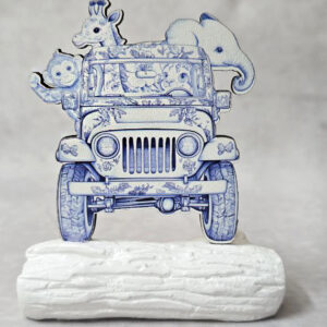 Μπομπονιέρα με Κεραμικό κορμό, με ξύλινο εκτυπωμένο jeep σαφάρι, μπλε, Toile de Jouy ύφος