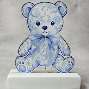 Μπομπονιέρα με Κεραμική βάση κιτ-κατ, με ξύλινο εκτυπωμένο αρκουδάκι, μπλε, Toile de Jouy ύφος